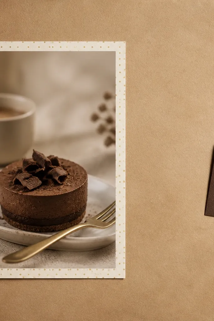 A page with a warm brown paper background. A small chocolate-brown ribbon acts like a page marker on the right edge. A tag attached to the ribbon reads "Sweet like you" in white gel pen. A photo sits left with a cream mat and tiny gold dots.