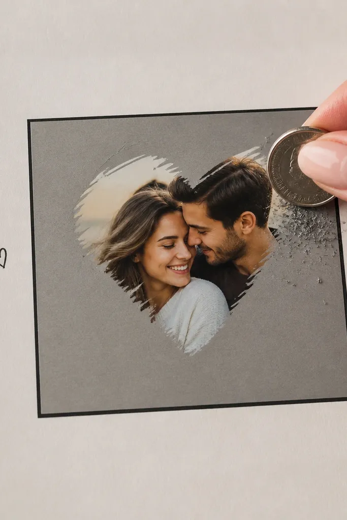 A page with a smooth gray cardstock square in the center. Over the gray square is a scratch-off coating (like lottery-style) with a small black frame. Under the scratch area is a hidden photo, revealed by scratching. There are small heart doodles around the square.