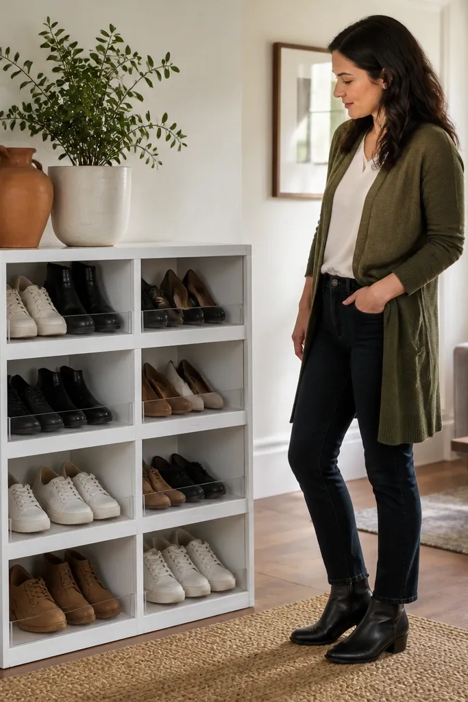 Stacked cubby shoe rack with open compartments and small front lips