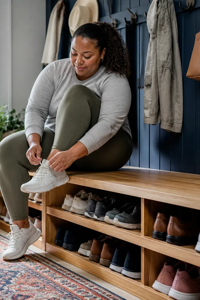 Bench with stacked shoe storage compartments underneath