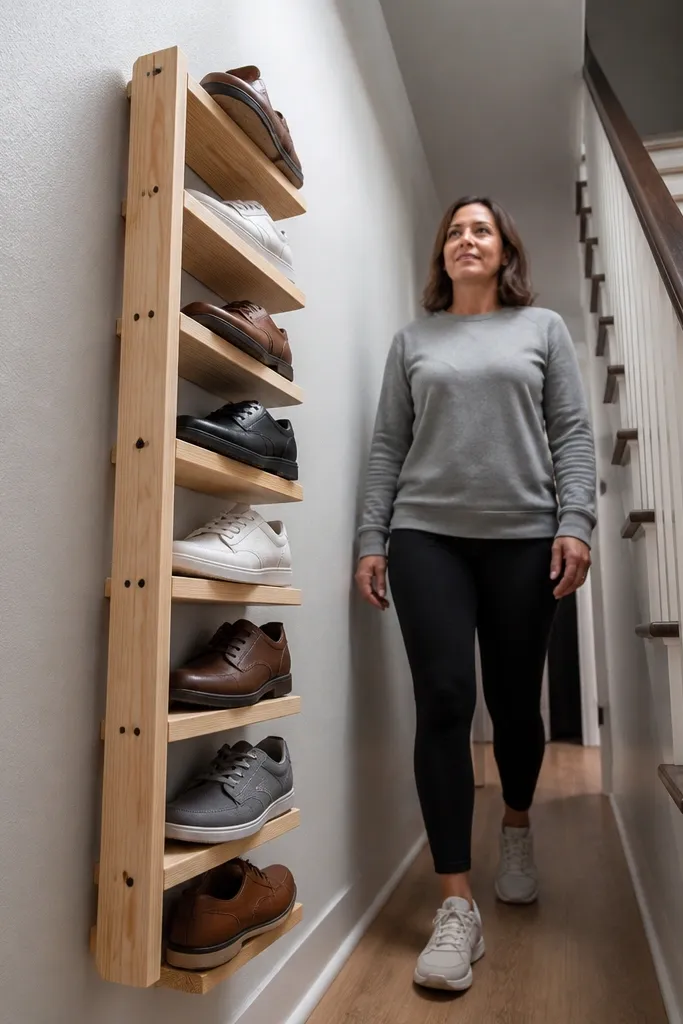 Wood ladder-style wall rack with multiple shoe shelves