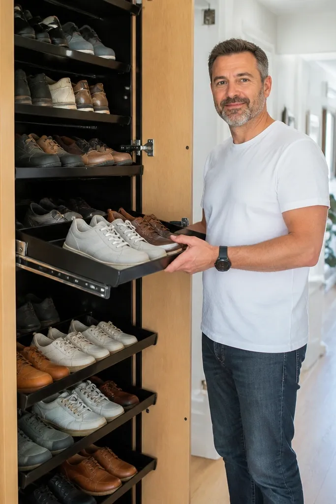 Rotating shoe rack where shelves pull forward for easier grabbing