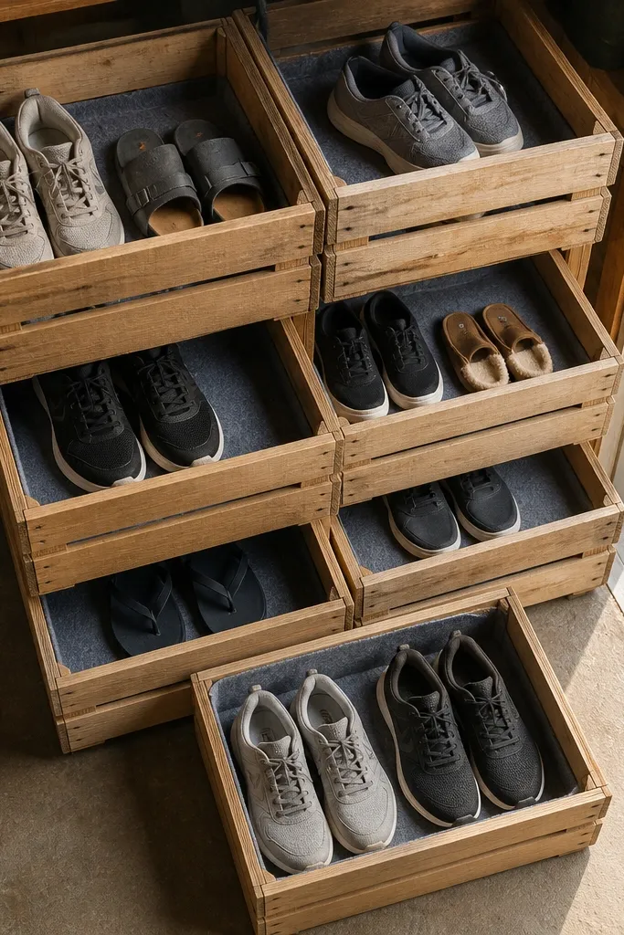 Stacked wooden crates shoe storage with liner-covered shelves