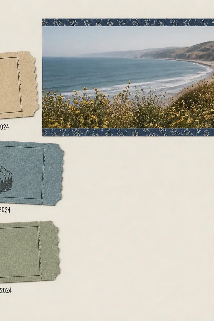 A scrapbook page with a cream cardstock background. Three ticket stubs are stacked vertically on the left, each slightly offset. A wide photo strip runs across the top right, and a black date stamp sits under each ticket. A thin washi tape strip in dark blue anchors the photo edges.