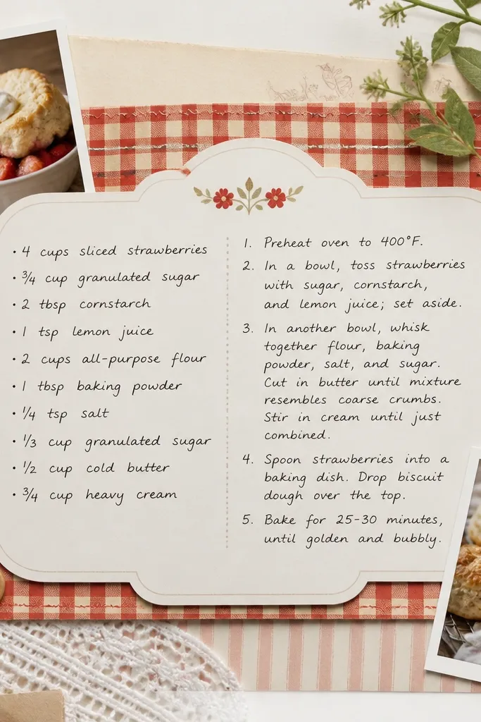 A scrapbook page designed like a recipe. A white recipe card cutout sits centered with handwritten ingredients and steps. Two small food photos appear in the corners. A red-and-cream gingham strip frames the card.