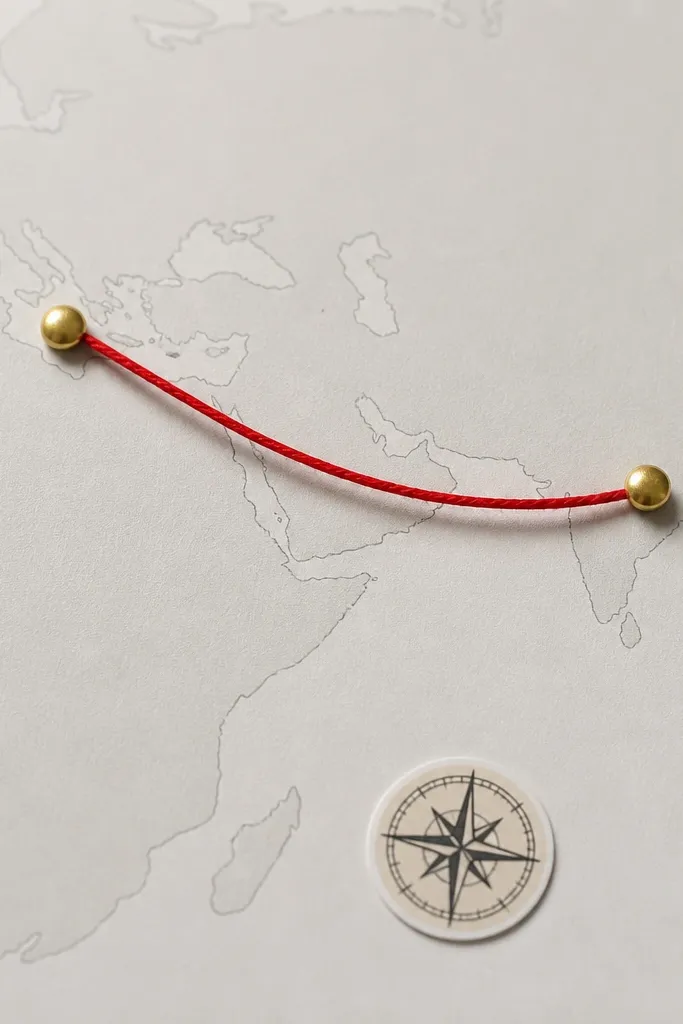 A light gray page with a simplified map print. A pair of gold brad pins marks two locations. A piece of red embroidery thread stretches between the pins in a gentle curve. A small compass icon sticker sits near the bottom.