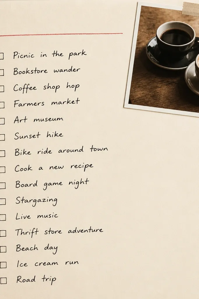 A page that looks like a checklist. A cream background has a column of handwritten date ideas with checkboxes. A small photo of two coffee cups sits in the top corner. A red underline runs under the heading.