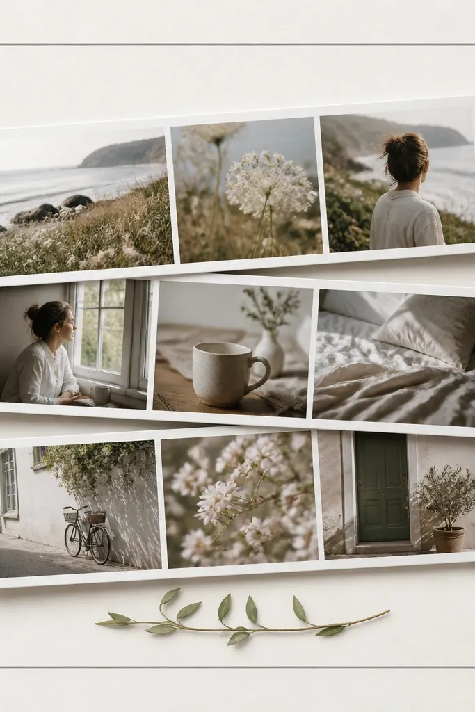 A page with layered photo strips stacked like a mini shadow box. Three strips of photos are mounted at slightly different angles. A thin gray border surrounds the whole composition, and a single caption is stamped on the bottom.