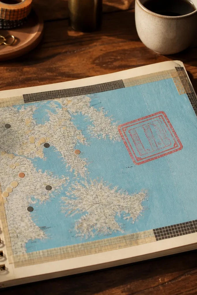 A pale blue map paper page. Small die-cut city stickers are placed around a highlighted route line. A red date stamp sits near the center, and a small photo of the couple is tucked in a corner.