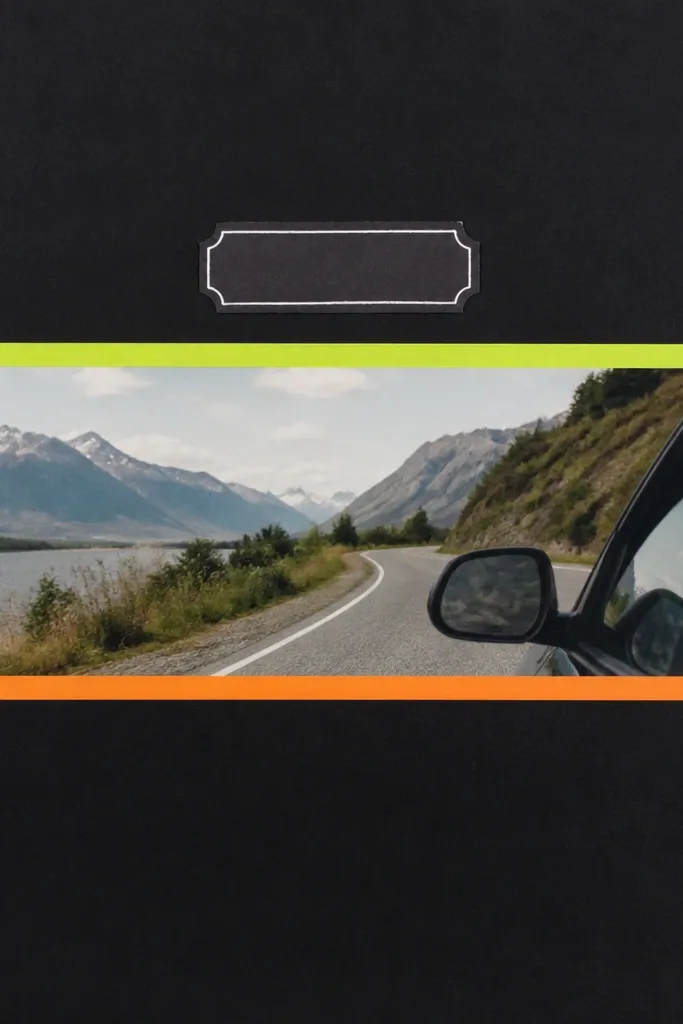 A black page base with a long horizontal road trip photo strip across the center. Neon green and orange washi tape forms lane lines. A small title in white marker sits on a dark label.