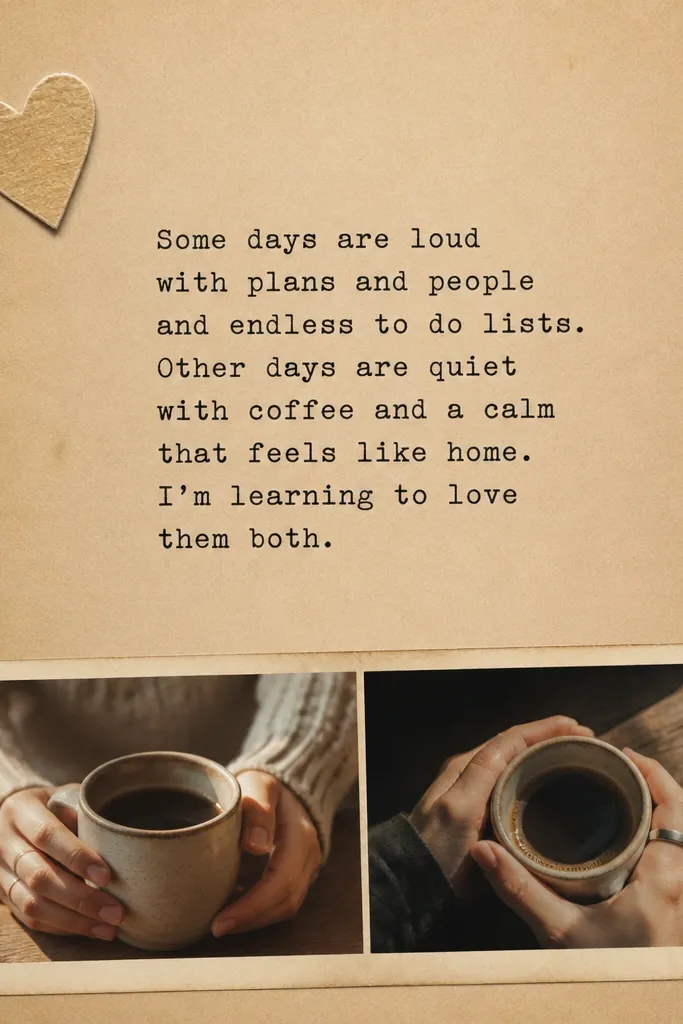 A warm tan page with a faux vintage typewriter font journaling in the center. A small heart sticker is near the top left. A photo strip at the bottom shows two hands holding coffee cups.