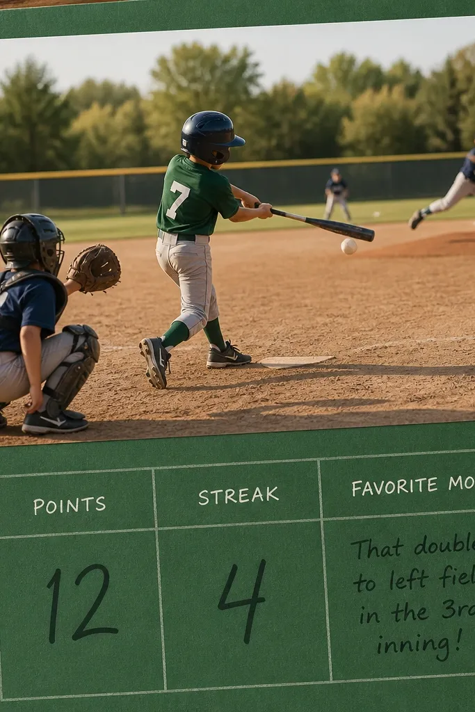 A green scorecard style page. A big photo of a baseball game sits at the top. Under it, a grid shows "points," "streak," and "favorite moment" with handwritten numbers. Small tab labels in yellow sit along the left edge.
