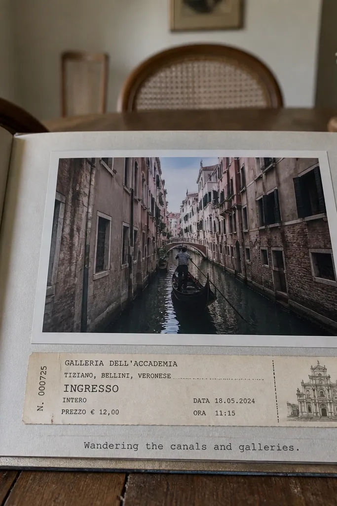 A white page with a museum ticket placed horizontally across the upper third. A large vertical photo sits to the right. A caption strip with typed text runs along the bottom, and a thin gray border frames the whole layout.