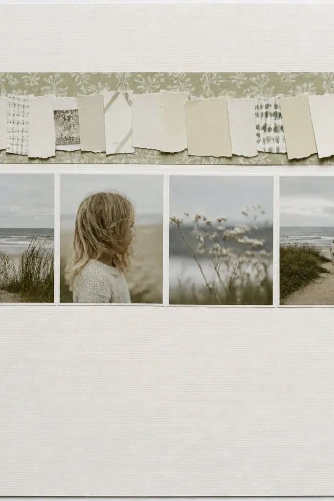 A page with a long banner across the top made from small cut-out letters on matte white paper. A photo strip runs below the banner. A single strip of patterned paper sits behind the banner edges.