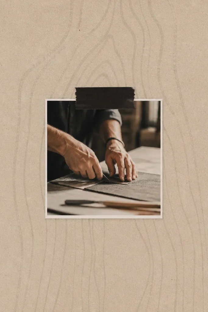 A page with a light kraft background. A small photo of hands working sits in the center. A faint pattern looks like wood grain paper behind the photo. A strip of black tape holds a typed title, and small metal brads are placed on the right.