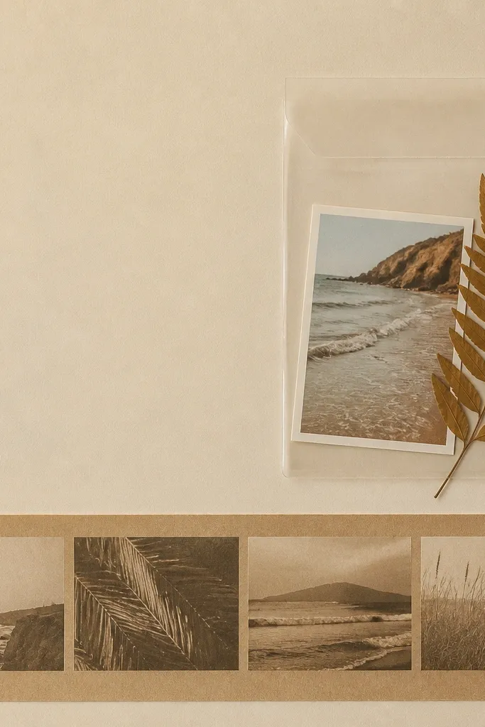 A light sandy beige page with a clear acetate envelope on the right. Inside the envelope is a small beach photo and a pressed leaf. A darker tan photo strip runs across the bottom with a thin white border.