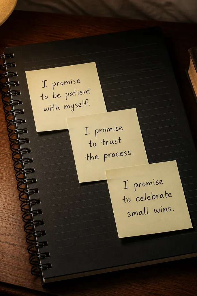 A black page base styled like a notebook. White lines run horizontally. Several small sticky notes are placed in the center with handwritten promises. A small photo sits in the bottom corner with a white frame.
