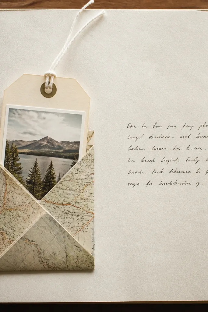 A page with a folded paper pocket on the left made from map paper. A tag with a small photo is tucked inside and a string pulls it out. A handwritten caption sits on the right.