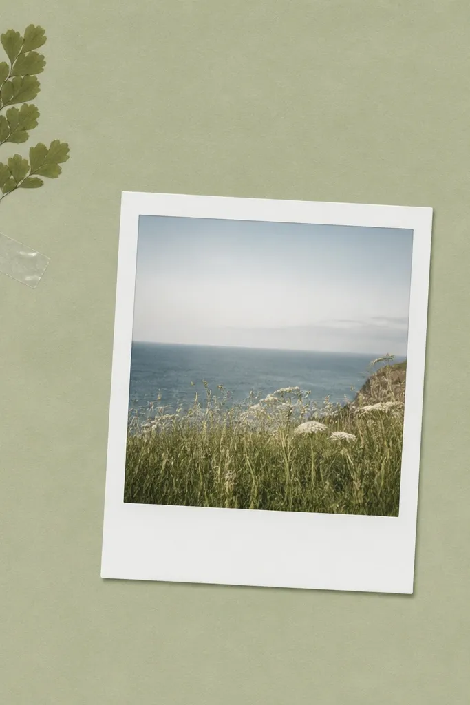 A pale green page. One Polaroid-style photo is placed slightly off-center. In the top-left corner, a pressed leaf is sealed under clear tape. A thin white border surrounds the photo.