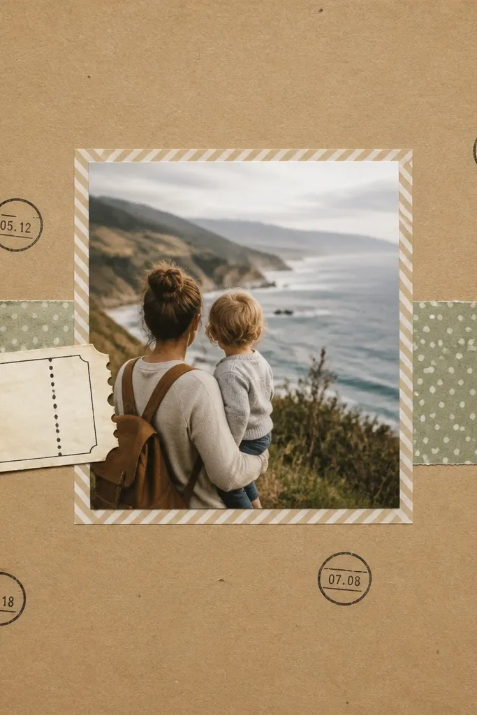 An 8.5x11 scrapbook page with a kraft cardstock background, a horizontal strip of patterned paper across the middle, a real-looking ticket stub graphic at the left, and multiple small date stamp circles in black ink around the strip. A 4x6 photo sits centered above the strip with a thin washi tape frame.