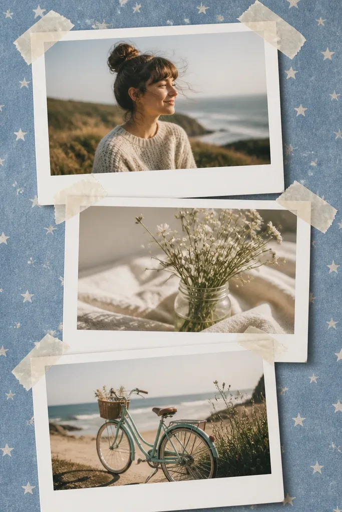 A scrapbook page with three stacked Polaroid-style photo frames. The frames have thick white borders, slightly uneven spacing, and faux tape strips at the top corners. Behind the stack is a soft blue patterned paper with tiny stars.