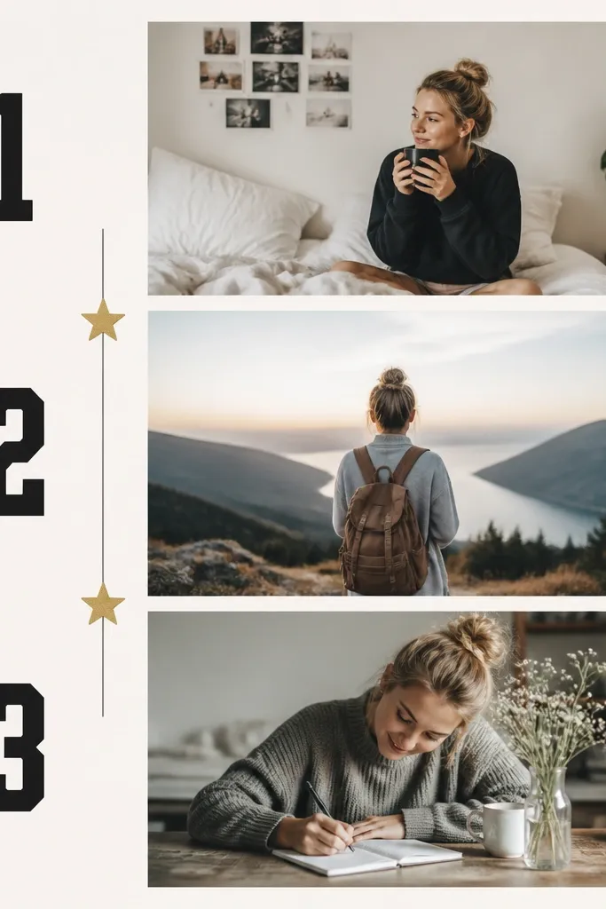 A page with a vertical column of three photos stacked like steps. On the left, a bold number title reads like a jersey number. There are thin lines and small star stickers connecting the photos.