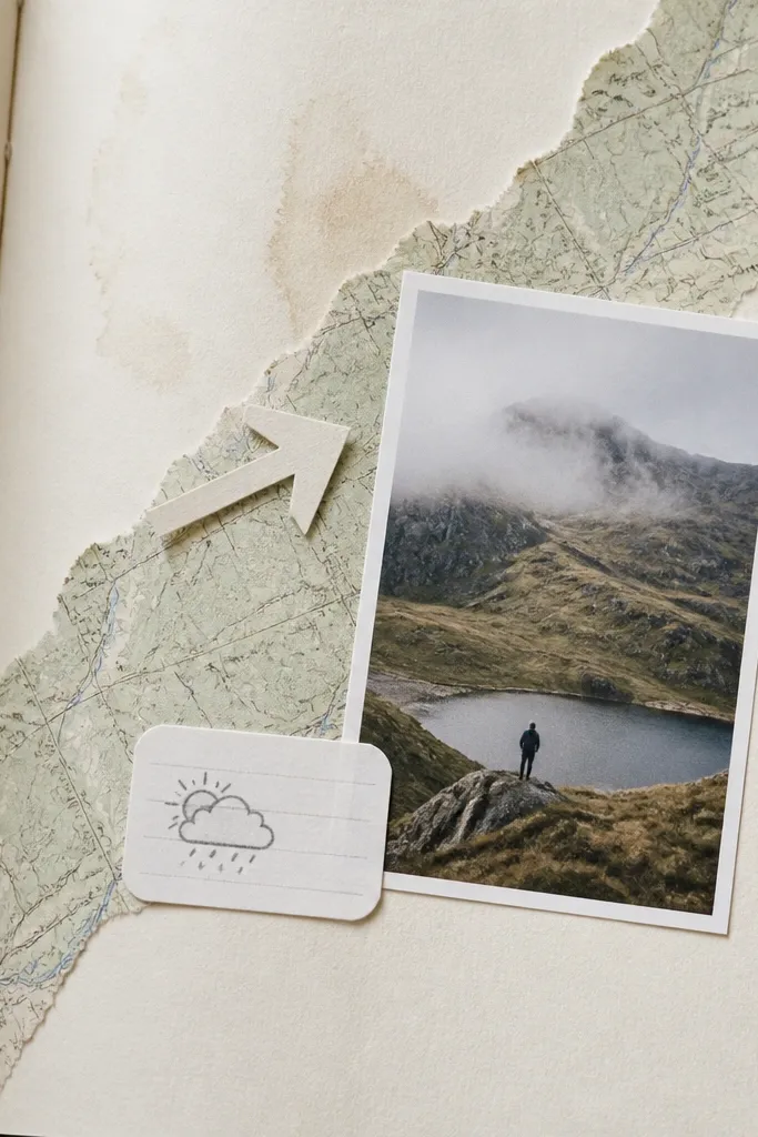 A page with a torn map-style paper strip running diagonally across the layout. A small paper arrow points along the strip. A 4x6 photo sits near the arrow, and a handwritten weather note is on a small white label.