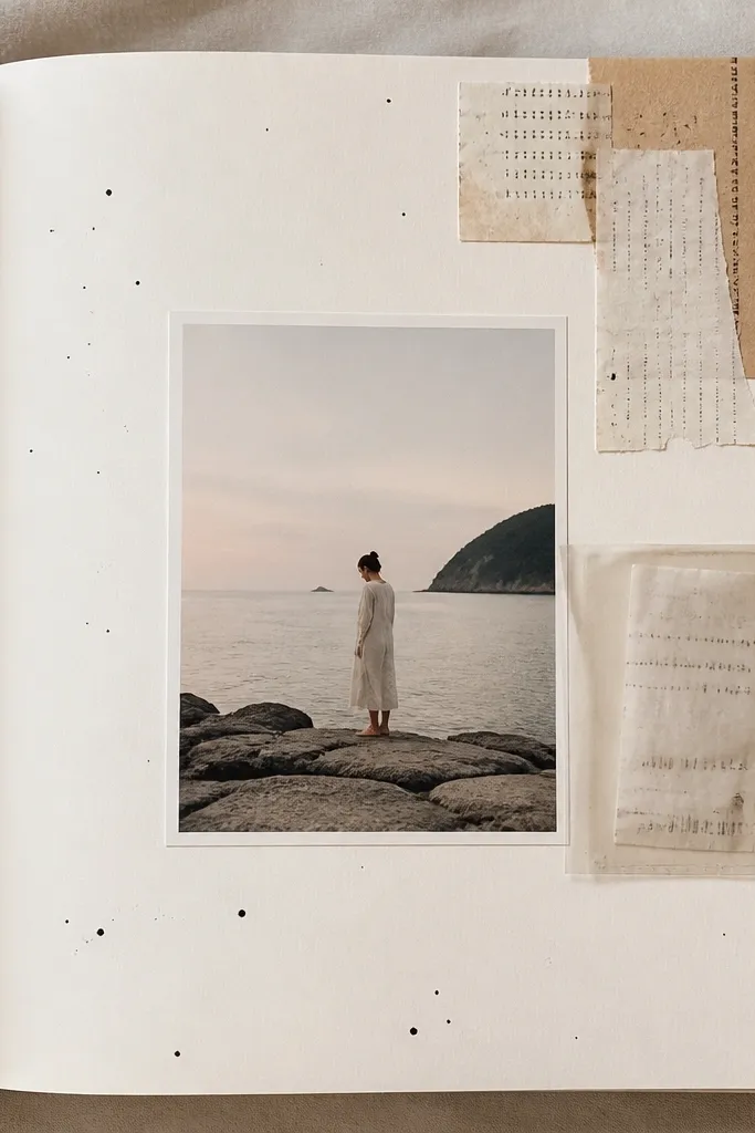 A page with a photo centered and a collage of small receipt strips in the top right corner. A clear adhesive pocket holds a folded receipt. The rest of the page is mostly clean with small ink splatters.