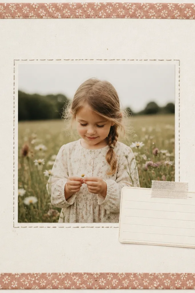 A page with a fabric tape border running around the edges like a quilt seam. Inside, there's a centered photo with a small journaling card. Hand-drawn stitching lines appear around the photo.