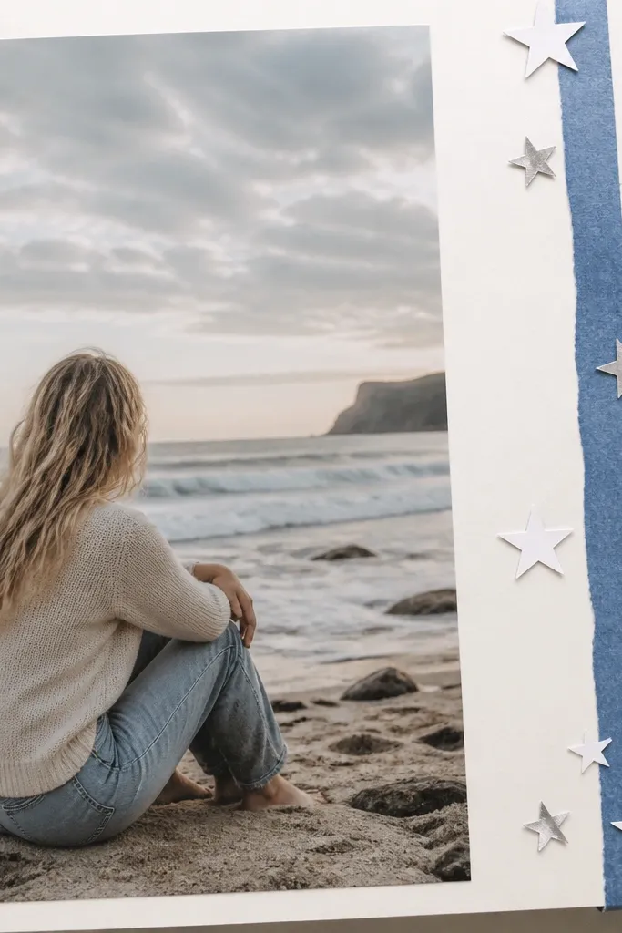 A page with a large photo on the left side. On the right side, a vertical strip of blue washi tape frames the layout. Small star cutouts in white and silver sit around the tape.