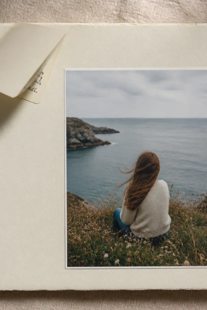 A page with a photo centered-right. In the top left, a small corner tag is attached with a hinge made from washi tape. The tag flips up to reveal hidden journaling.