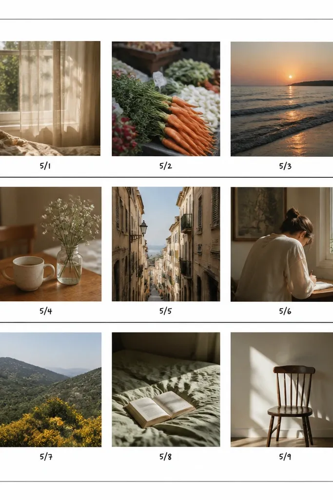 A page with a 3x3 grid of small photos. Each photo has a tiny date caption printed or hand-written under it. There's a white border and a thin black line separating rows.