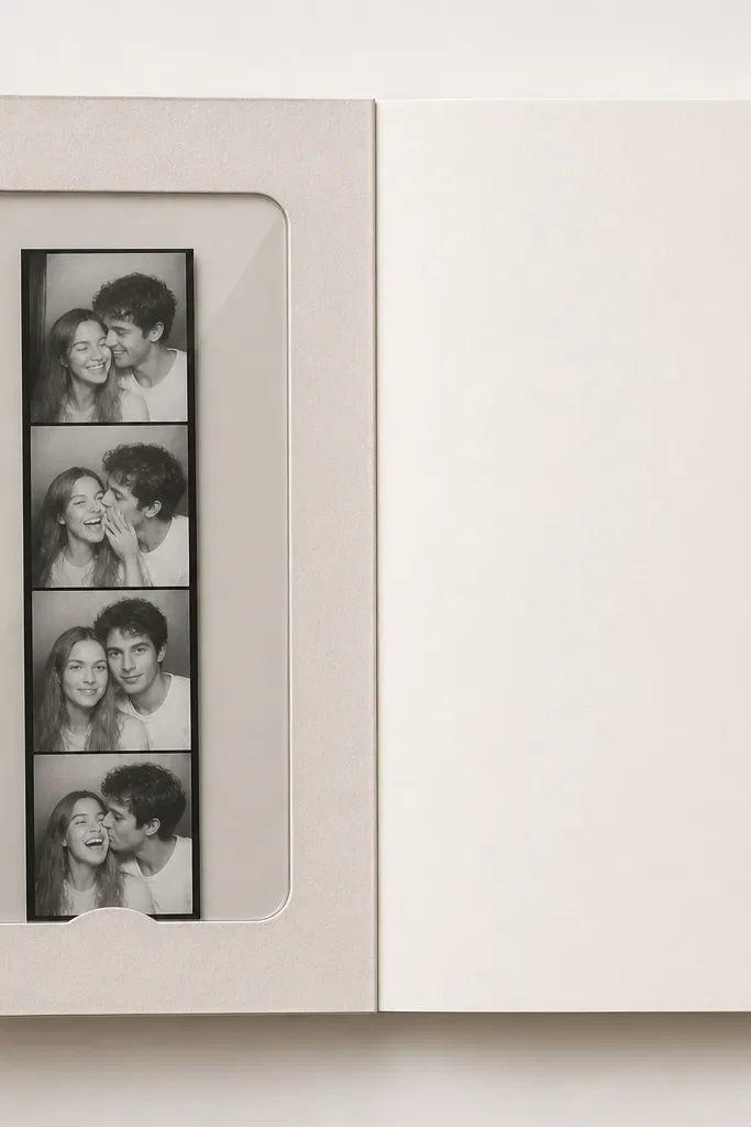A page with a "window" created by a clear acetate rectangle on the left, like a ticket booth glass. A photo strip sits behind the acetate and peeks through. The right side has journaling on a clean white card.