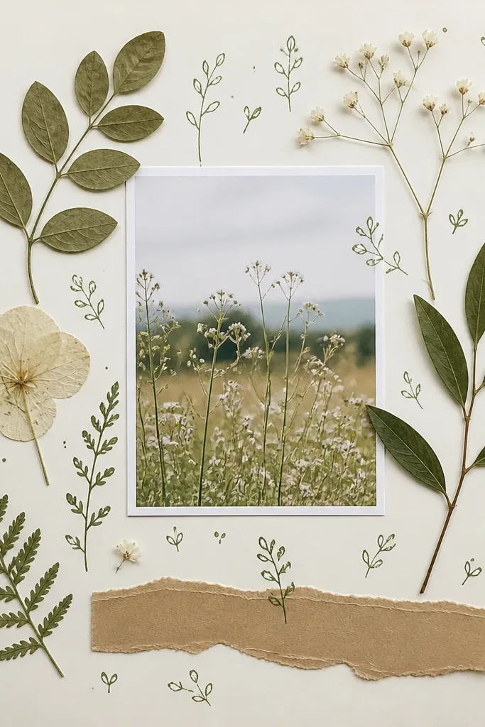A page with pressed-leaf texture on a light background. Green ink stems and tiny hand-drawn leaves are scattered around a central photo. There's a kraft strip with date journaling at the bottom.