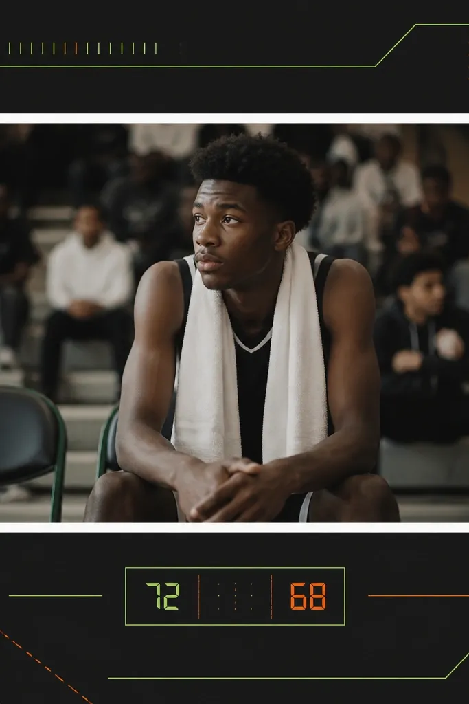 A dark charcoal page with a neon green and neon orange line design. A photo sits in the center with a white mat. Small numbers and a scoreboard-style label are near the photo.