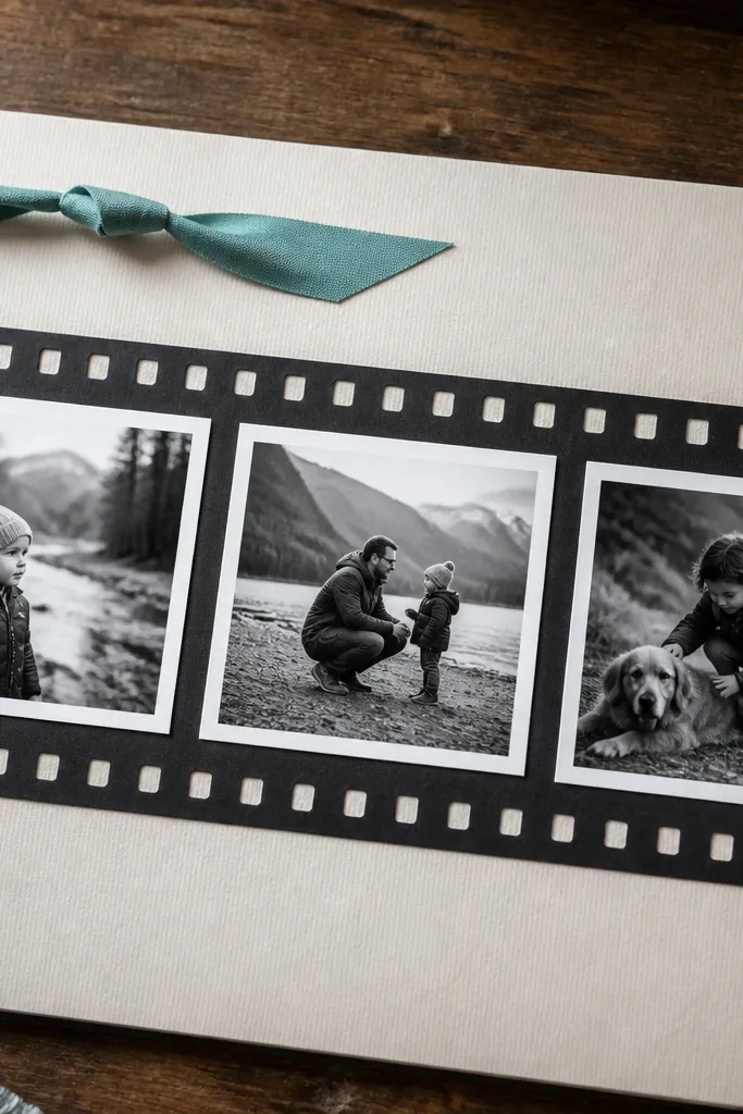 A page with a horizontal film strip across the middle. The strip has small hand-cut frames showing tiny black-and-white photos. There's a faux sprocket edge and a small title above.