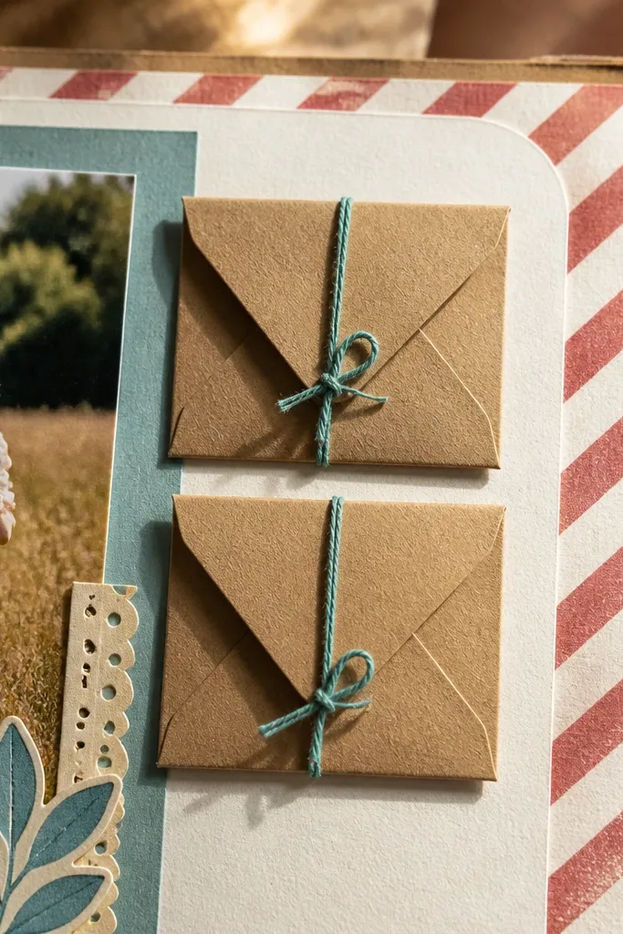 A page with a corner made of candy-stripe patterned paper. Two mini envelopes sit in that corner, one open with a folded note visible. A photo sits centered with a clean white mat.