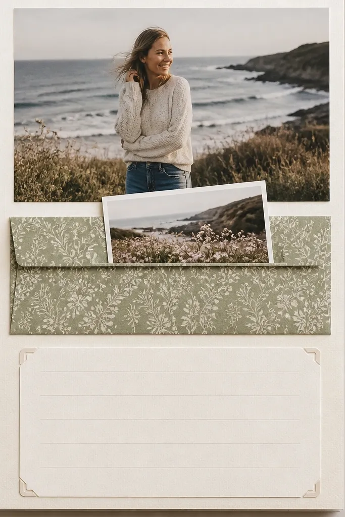 A page with a large photo at the top and a smaller photo tucked into a pocket. The pocket is made from patterned paper with a straight flap. Journaling is on a card in the lower half.
