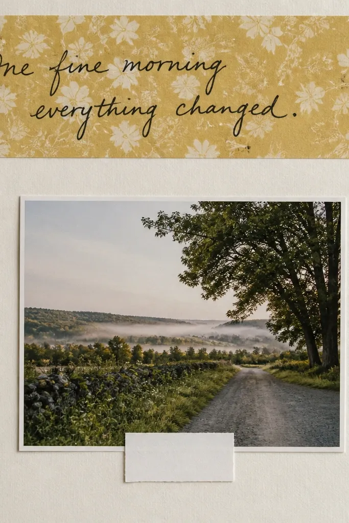 A page with a wide banner across the top made from patterned paper. The banner has handwritten black text. A single photo sits below the banner with a small white label.
