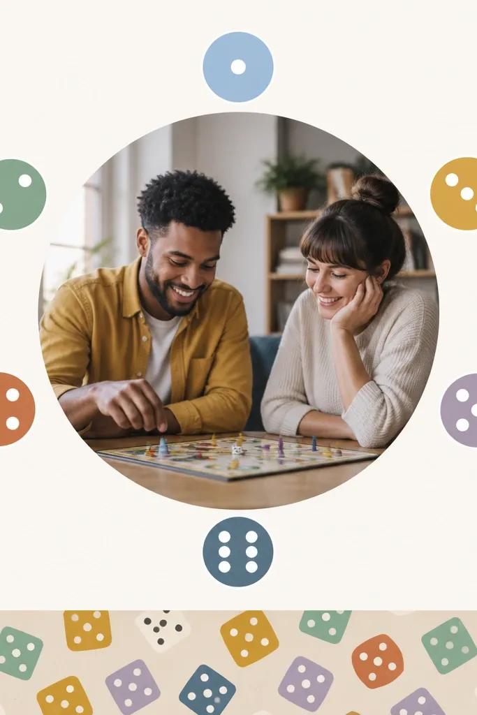 A page with a central photo of two people playing a board game. Around the photo are small circles labeled like dice rolls (1-6). There's a dice-themed patterned strip at the bottom.