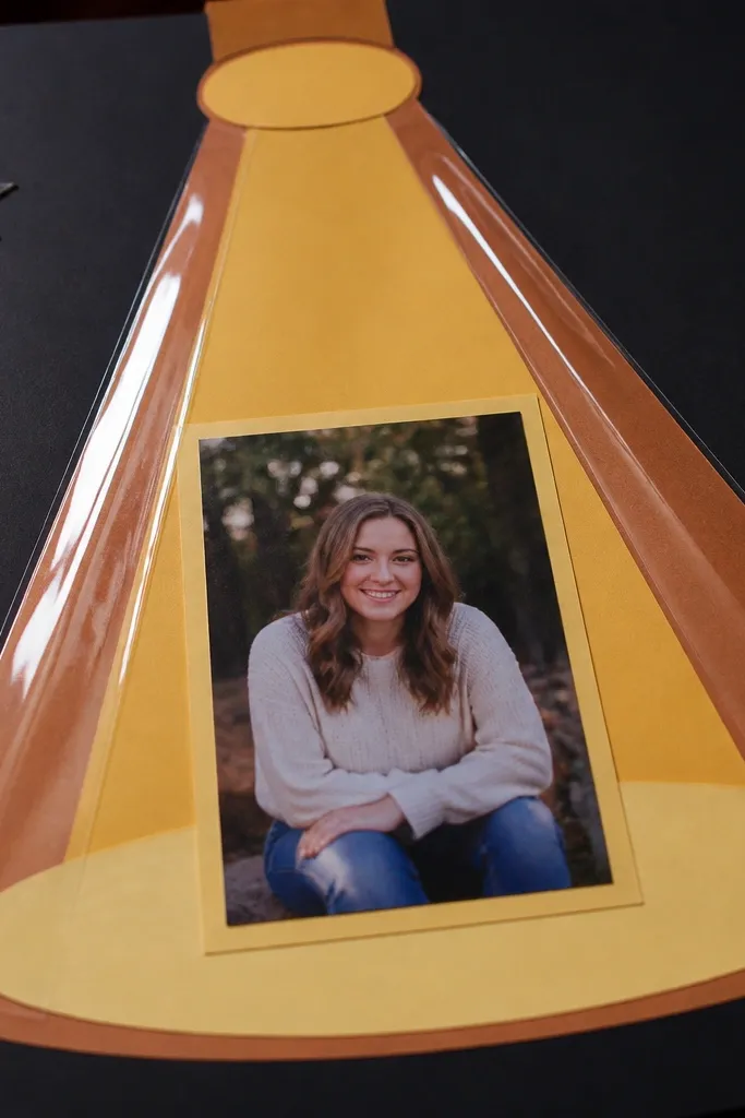 A page with a concert photo in the center. Behind the photo is a paper spotlight shape made from yellow and orange cardstock. A glossy clear overlay sticker creates a shine effect over the spotlight area.