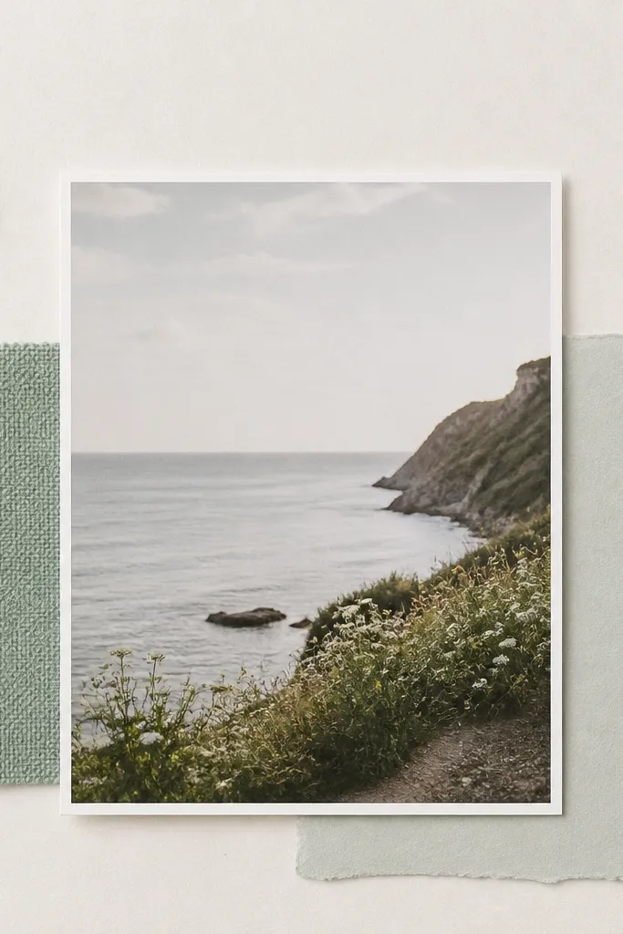 A page with one photo in the center. On the top corners are small tool-shaped tags made from cardstock. Two fabric or paper swatches in the same color family sit behind the photo edges.