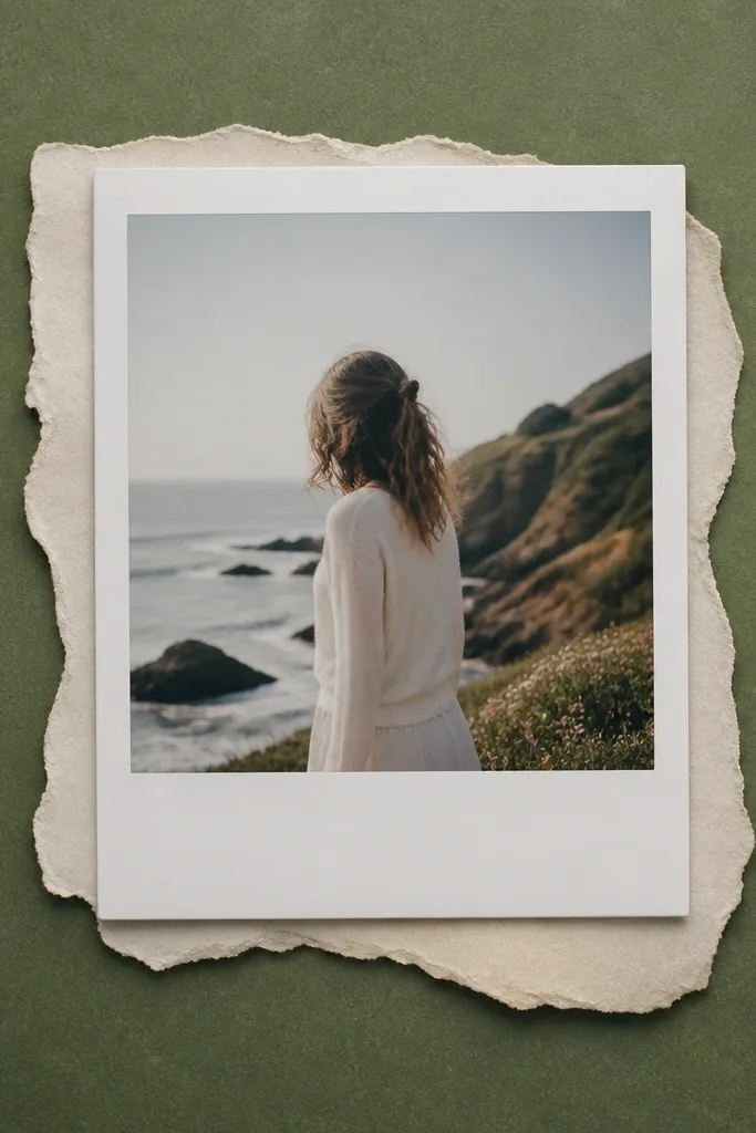 A page with a single Polaroid-style photo centered. The photo has torn-edge paper behind it, with a slightly worn look. The background is muted green with small texture.