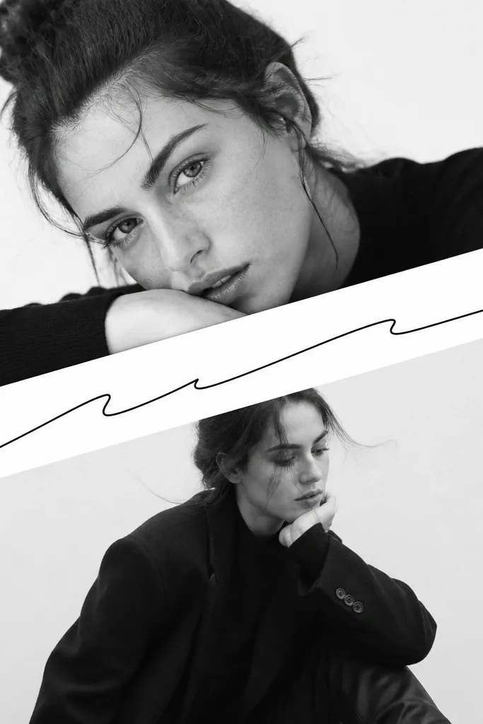 A page split diagonally with two photos. A diagonal caption bar runs across the middle with handwritten text. The background is plain white with black accents.