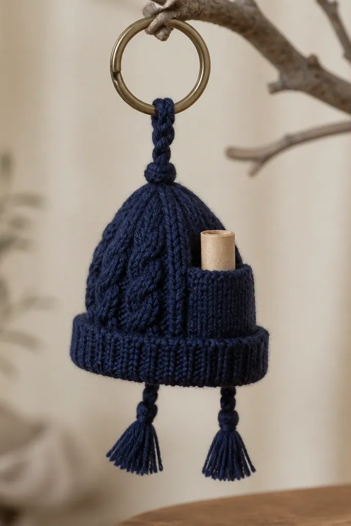 A small cable-knit beanie keychain in deep navy yarn hangs from a brass split ring. A tiny stitched pocket on the side holds a rolled paper message. The beanie has a folded cuff and two short braided tassels.