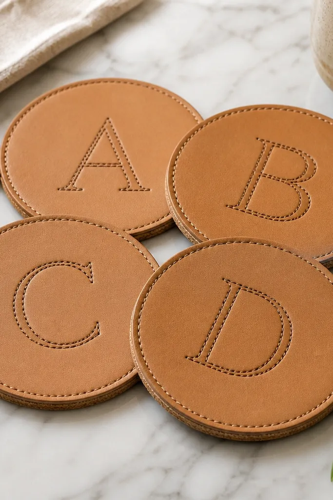 Four car cup coasters made from tan leather with rounded edges sit in a set. Each coaster has a stitched initial in dark brown thread. Cork backing shows as a thin layer under the leather, and leather tabs on each piece make them easy to grab.
