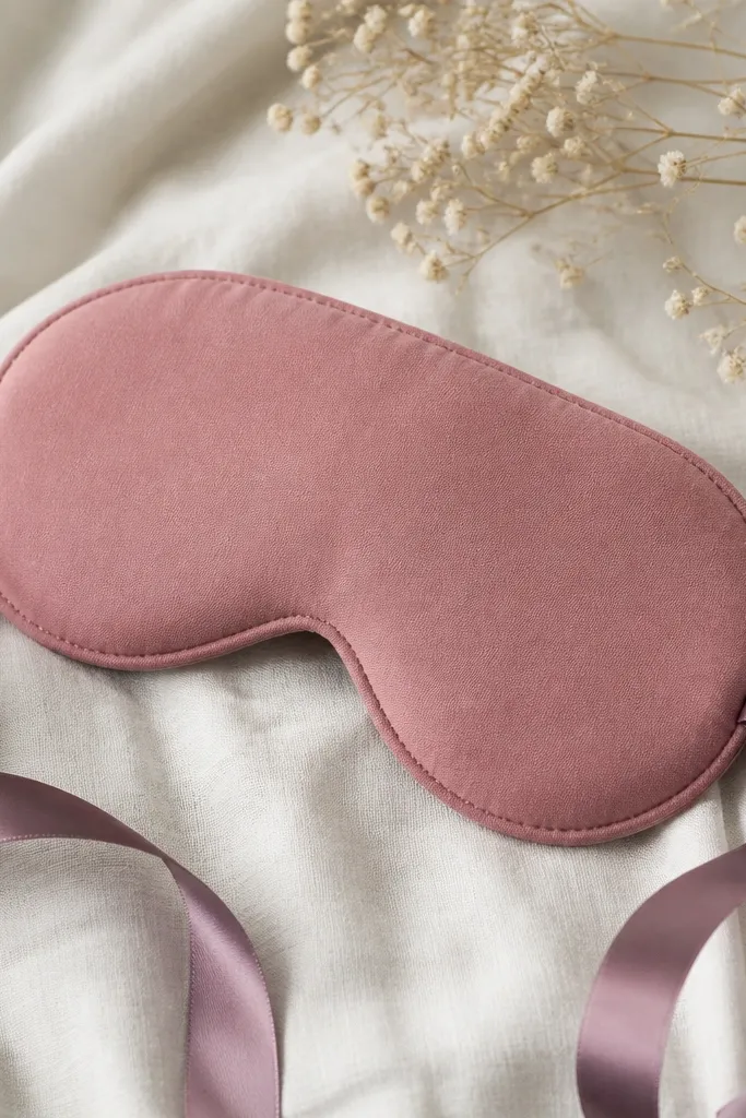 A sleep mask in dusty rose cotton with a soft curved shape. The edges are neatly top-stitched. Two satin ties in mauve run through small loops at the sides.
