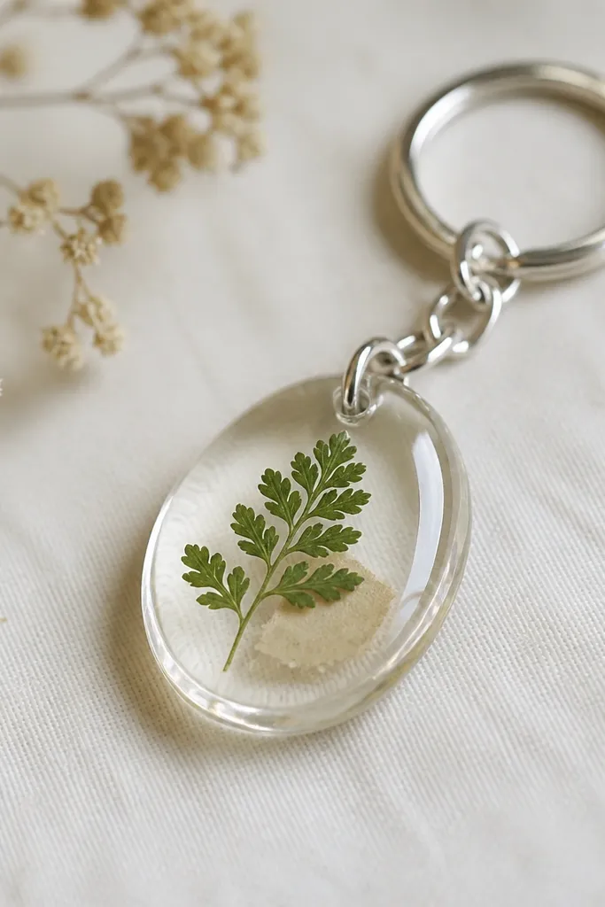 A small clear resin charm on a silver keychain. Inside is a pressed green leaf and a tiny strip of cream paper with handwritten numbers. The charm has a smooth domed surface and rounded edges.