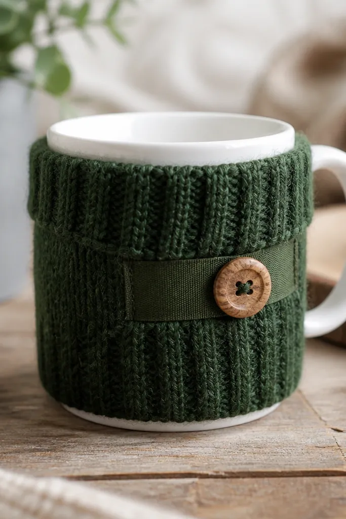 A knitted mug cozy in forest green wool blend with a ribbed cuff. A small fabric strap crosses the front and closes with a wooden button. The cozy fits a standard ceramic mug.