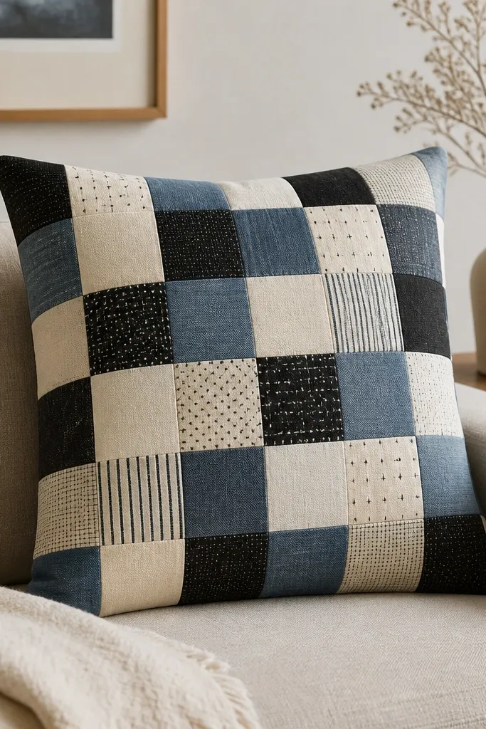A patchwork pillow cover made from small fabric squares in cream, black, and muted blue. The seam lines are straight and the edges are boxed. A hidden zipper runs along the bottom edge.